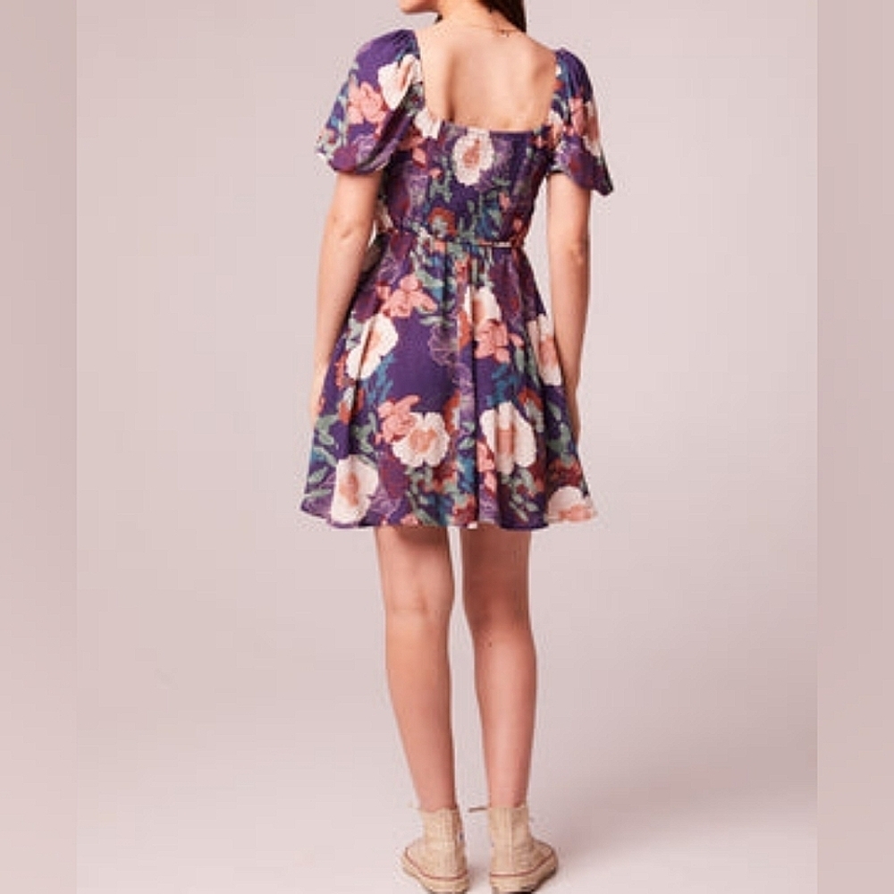 BAND OF THE FREE Aimee Purple Floral Puff Sleeve Mini Dress, Size Medium. NWT - Picture 4 of 7